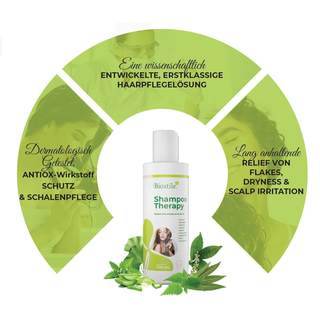 Biostile Shampoo-Therapie. Text: Wissenschaftliche Haarpflegelösung, dermatologisch getestet.