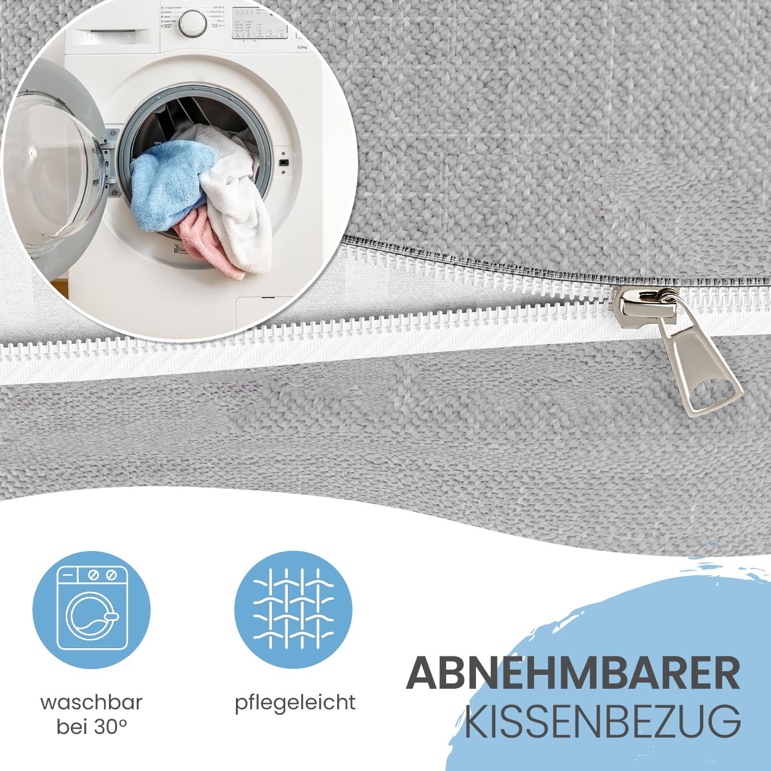 Graues Kissen mit Reißverschluss. Waschmaschinen-Symbol: waschbar bei 30°. Grafiken: pflegeleicht, abnehmbarer Kissenbezug.