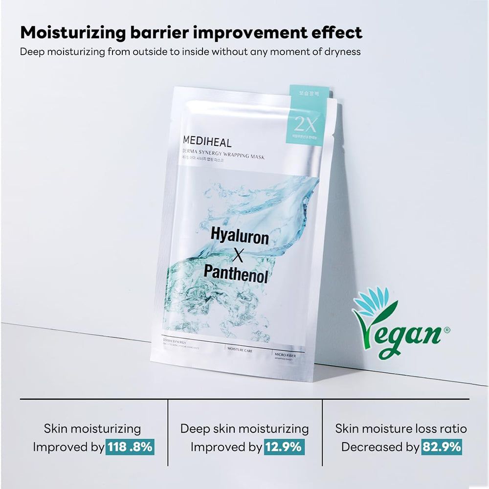 Verpackung der MEDIHEAL Maske. Enthält Hyaluron und Panthenol. Vegan-Logo.