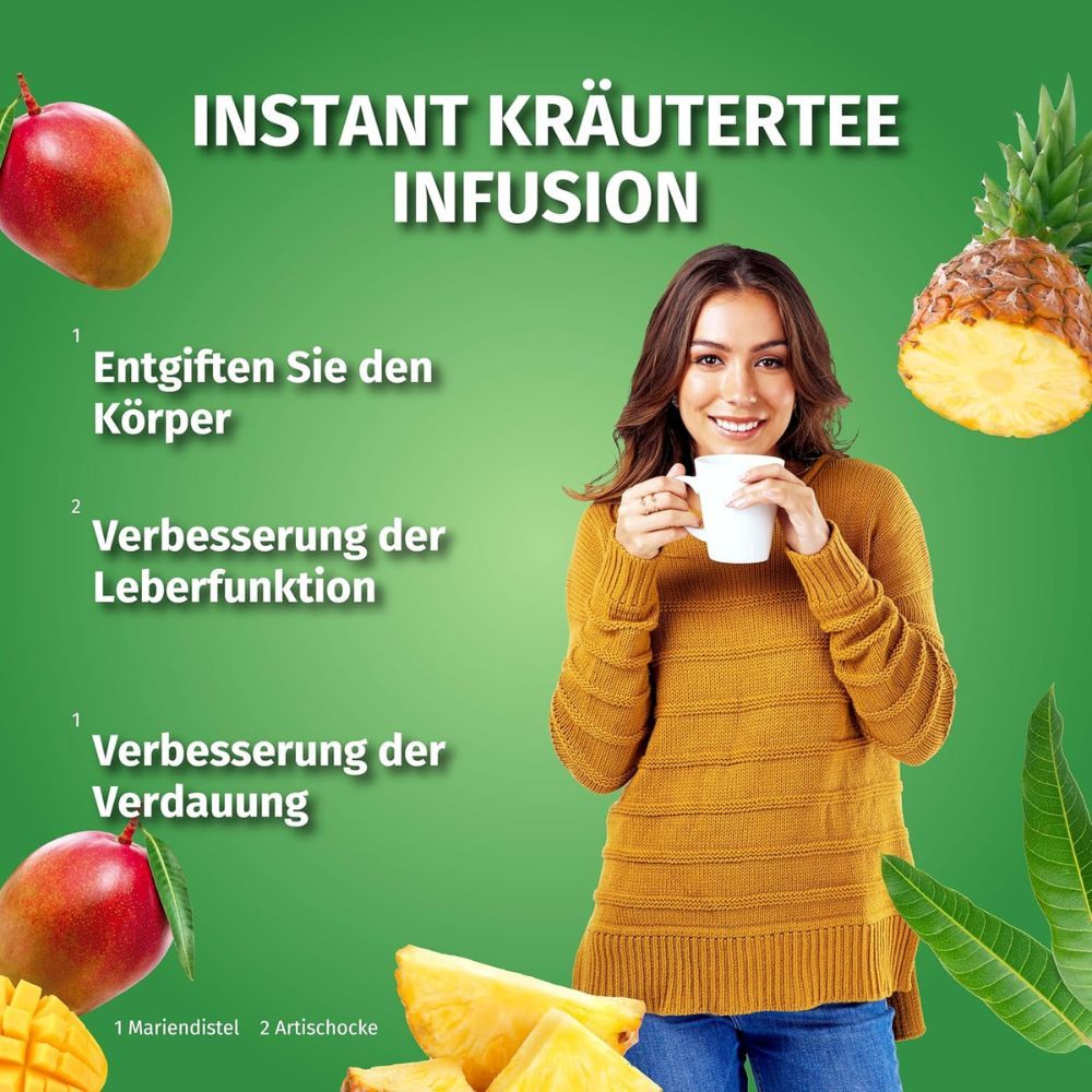 Frau mit Tasse Tee, Mango und Ananas. Grafiken zeigen Entgiftung, Leberfunktion, Verdauung. 1 Mariendistel, 2 Artischocke.