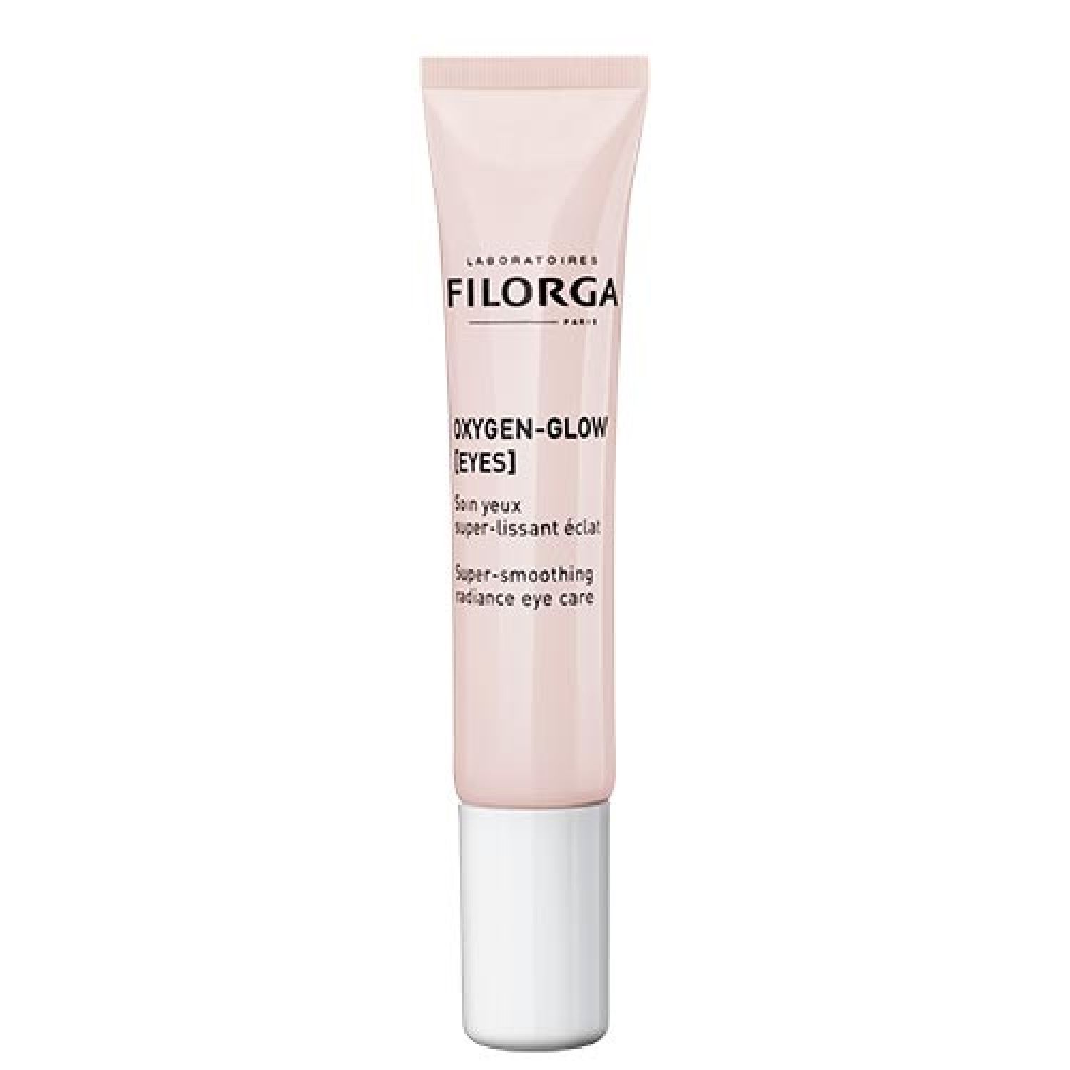 Rosa Tube mit weißem Deckel. Aufschrift: FILORGA, OXYGEN-GLOW [EYES], Super-smoothing radiance eye care.