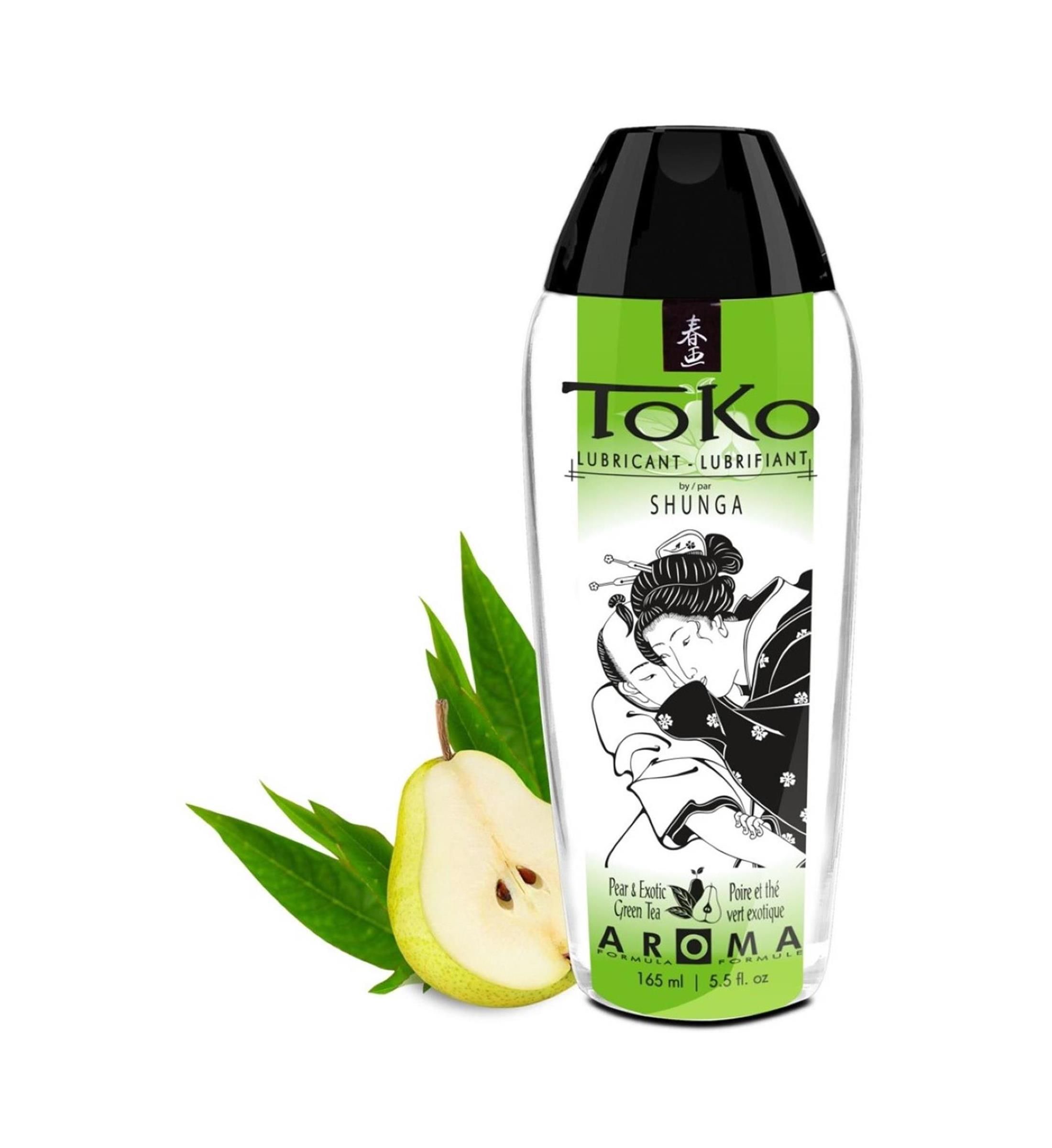 Flasche mit schwarzem Deckel, grünem Etikett und Aufdruck. Enthält Abbildung einer Frau. Birne und Blätter daneben. Text: Toko, Lubricant, Pear & Exotic Green Tea.