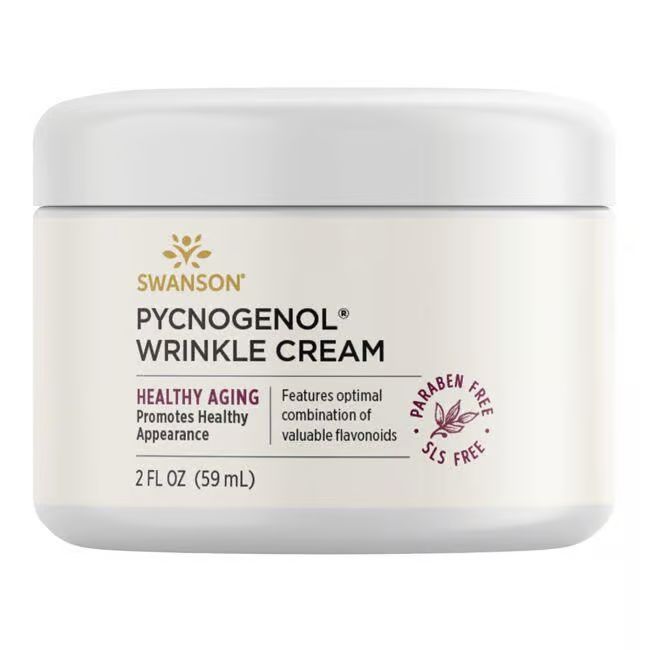 Creme-Behälter mit Deckel. Aufschrift: SWANSON Pycnogenol Wrinkle Cream. Enthält Text zu Inhaltsstoffen und Eigenschaften. Paraben- und SLS-frei.