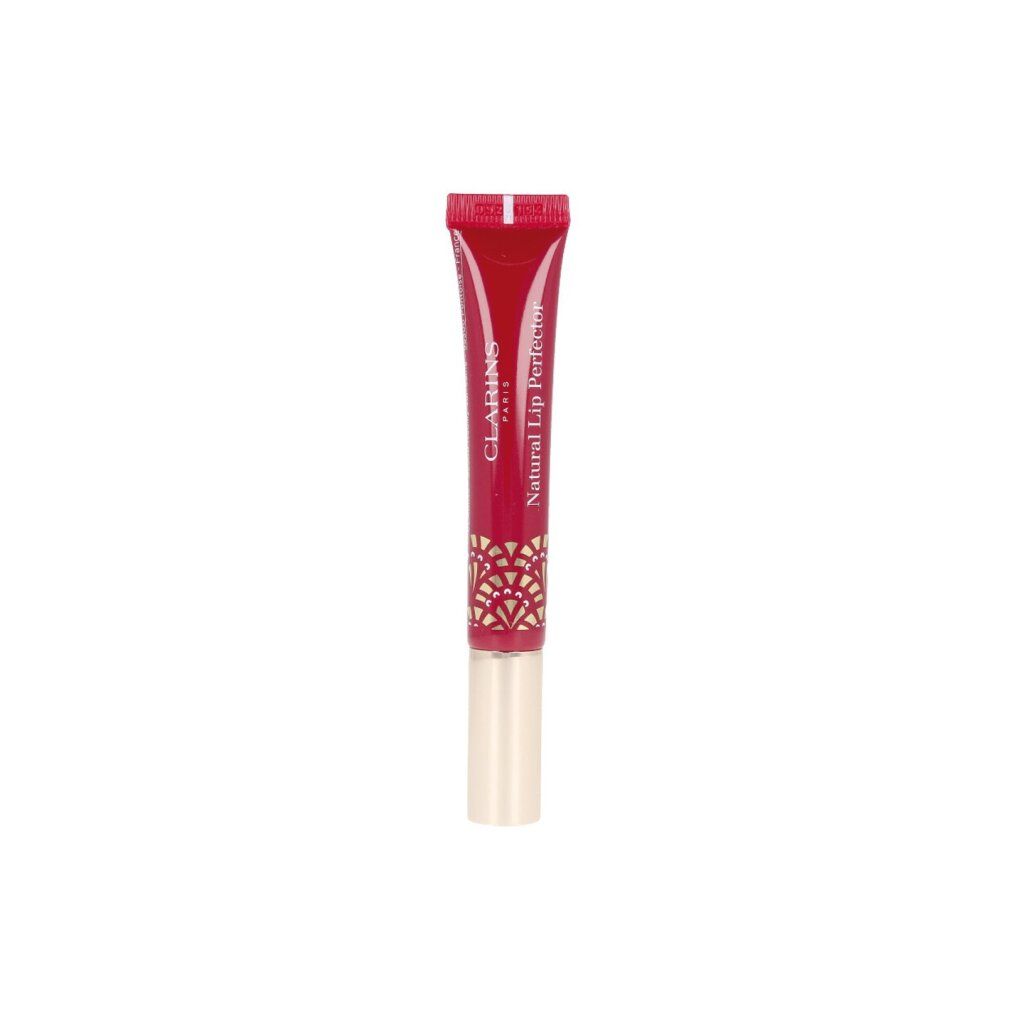 Rote Tube mit CLARINS PARIS Natural Lip Perfector Schriftzug. Produkt in aufrechter Position.