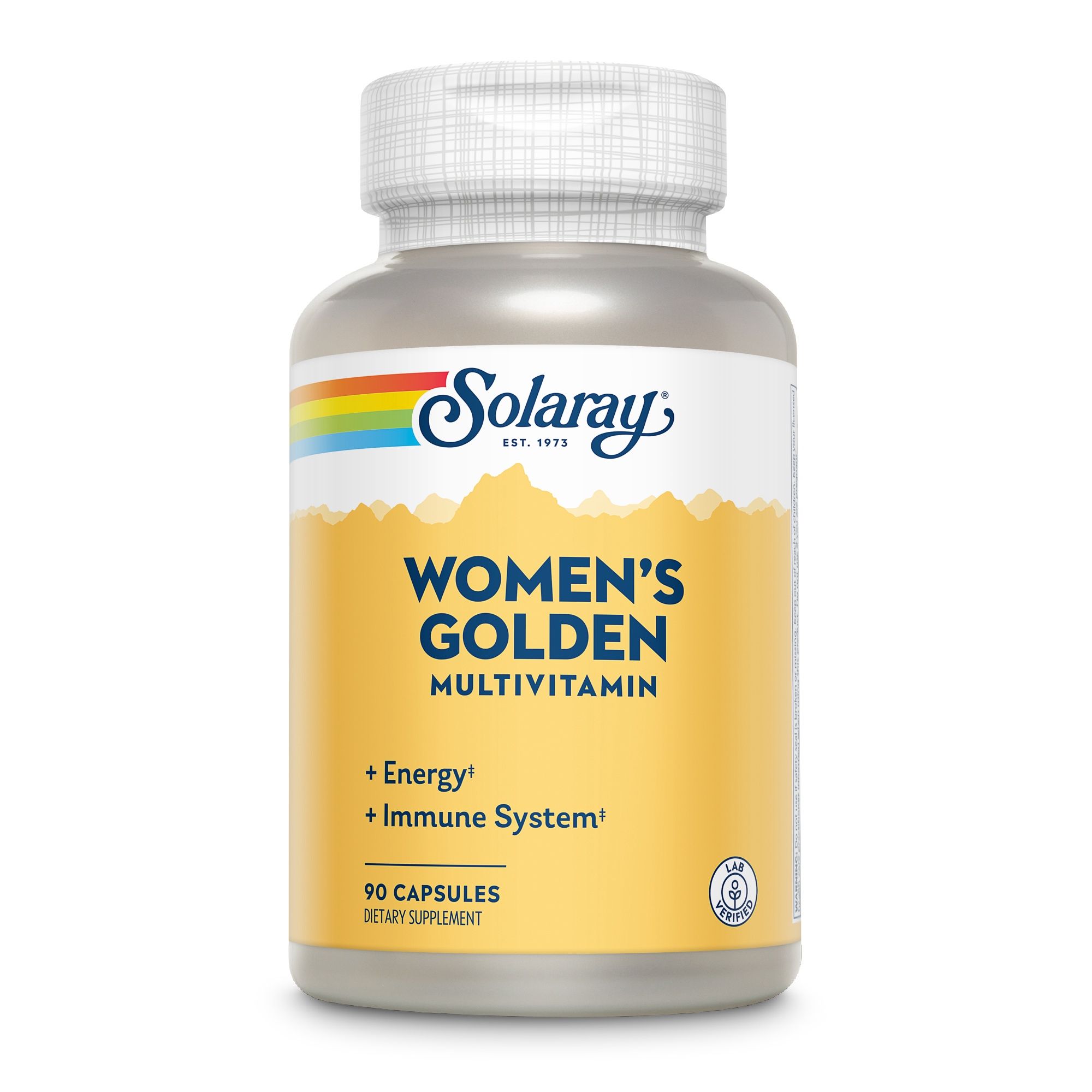 Solaray Women's Golden Multivitamin-Dose. 90 Kapseln. Text: +Energie, +Immunsystem. Gelber Hintergrund.