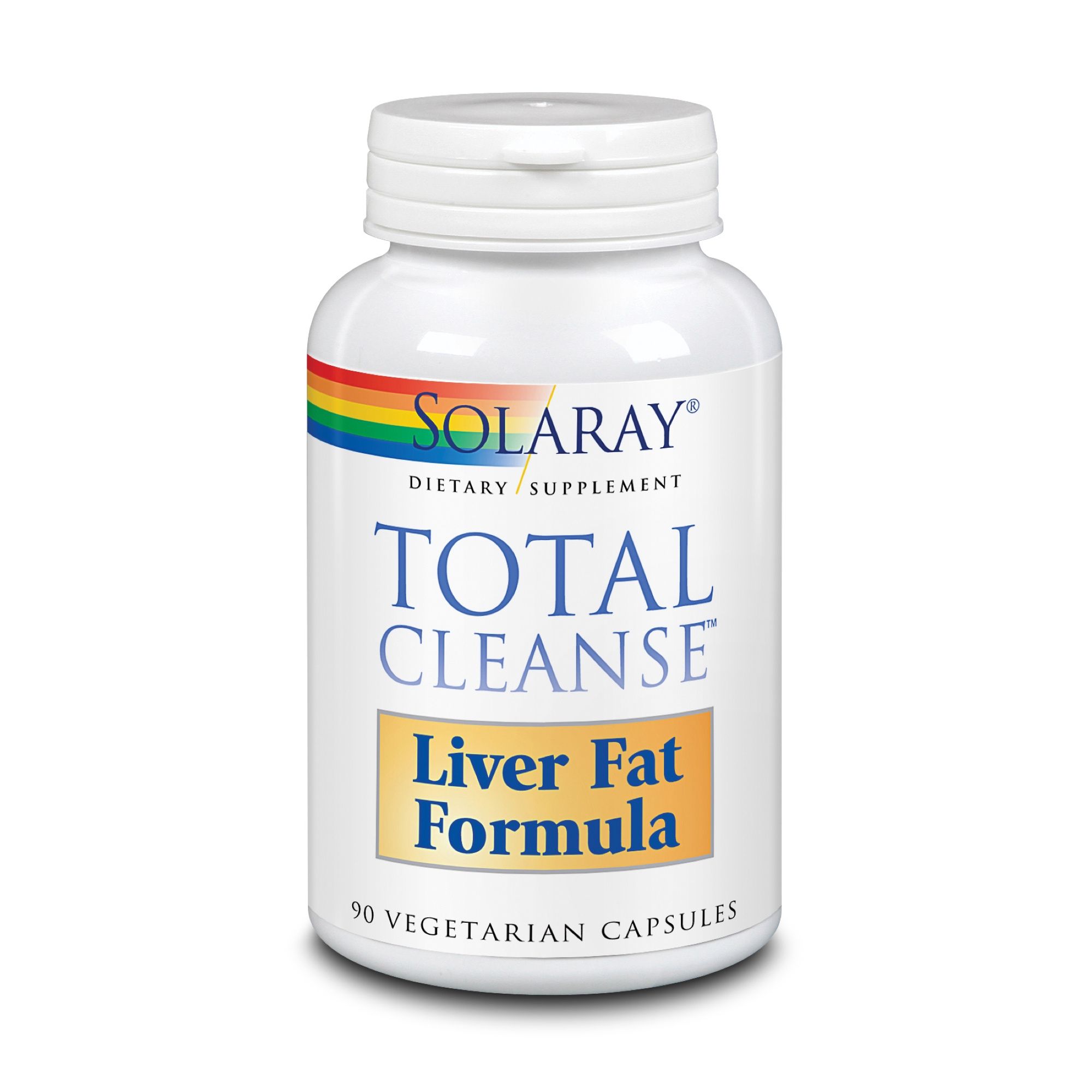 Weißes Pillenbehälter mit Solaray-Logo und Aufschrift Total Cleanse Liver Fat Formula. 90 vegetarische Kapseln.