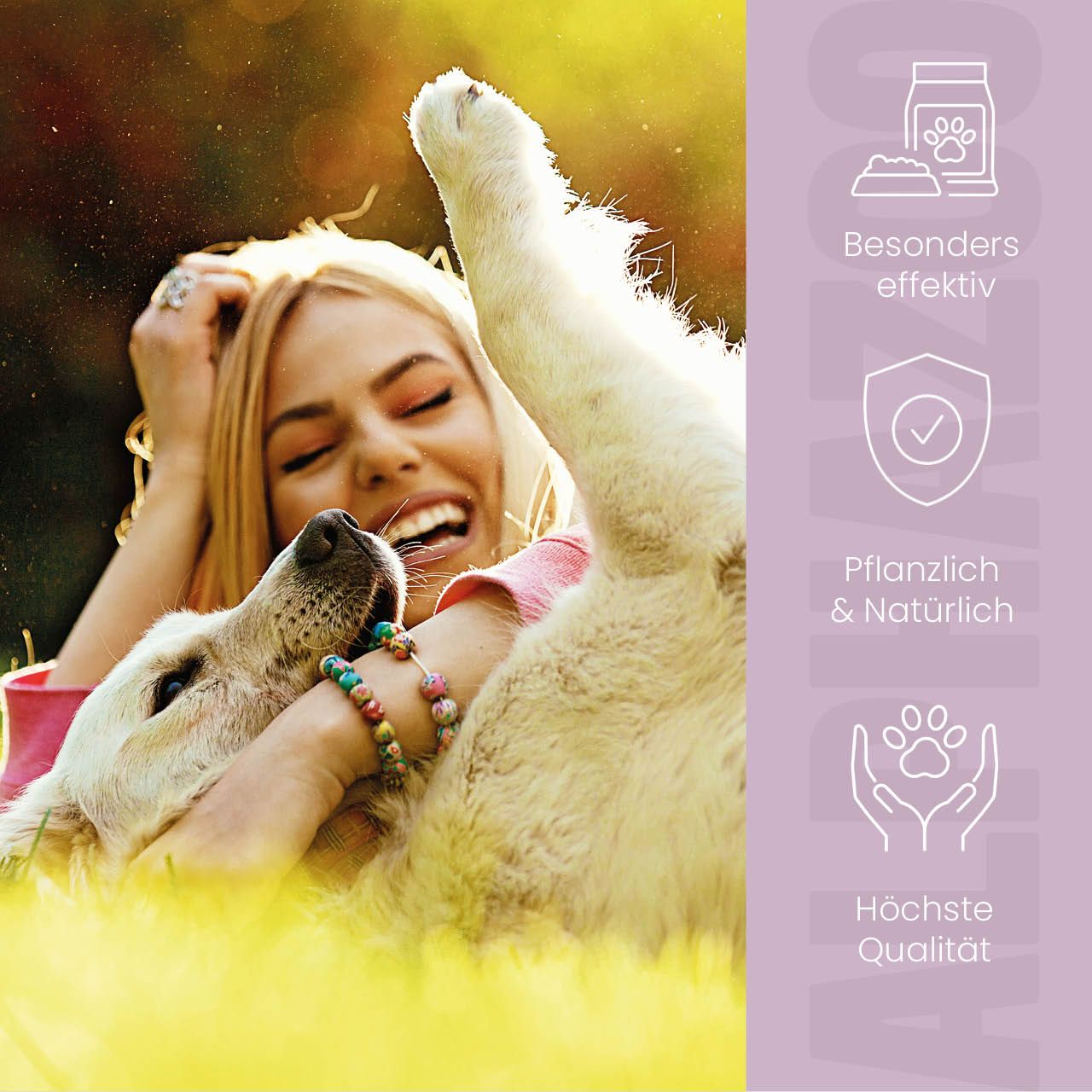Frau umarmt Hund im Gras. Icons: Effektiv, pflanzlich, hohe Qualität. Text: Besonders effektiv, pflanzlich & natürlich.