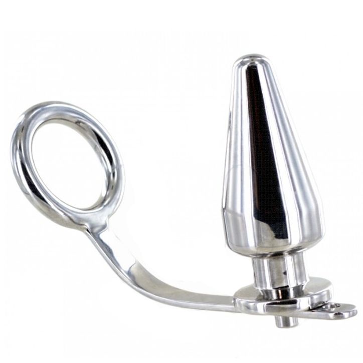 Analplug aus Metall mit konischer Form und Ring. Silberfarbenes Material. Mit Basis und Halterung.