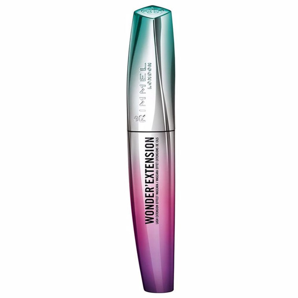 Rimmel Wonder'Extension Mascara. Flasche. Farbverlauf von Grün nach Lila. Text: Wonder'Extension, Sehr Schwarz.