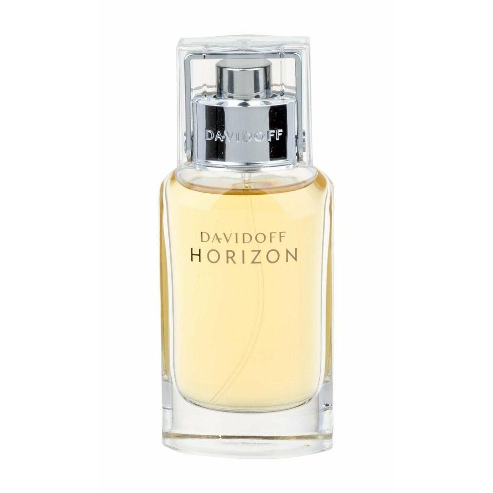 Davidoff Horizon Eau de Toilette-Flakon. Rechteckige, transparente Flasche mit silbernem Verschluss.