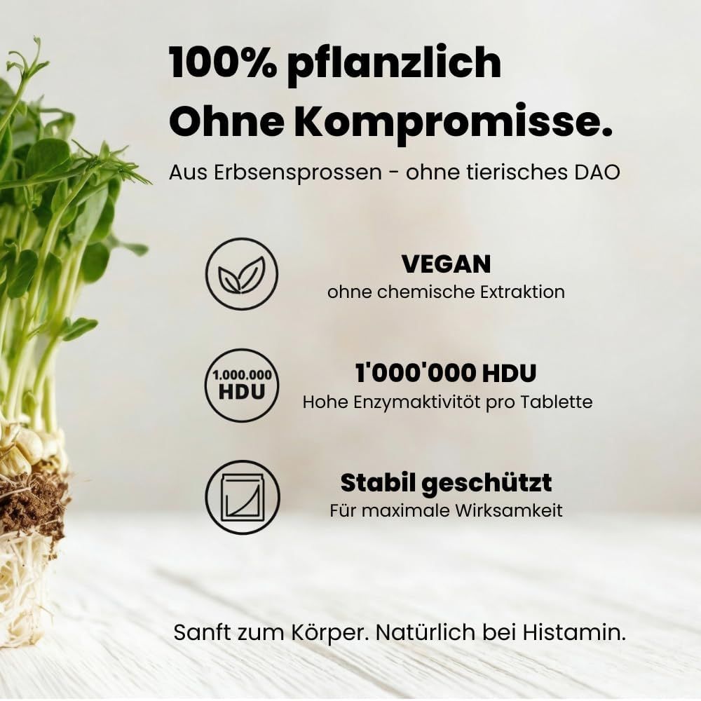 Nahaufnahme von Sprossen. Text: 100% pflanzlich, vegan, 1.000.000 HDU, stabil geschützt. Für maximale Wirksamkeit.