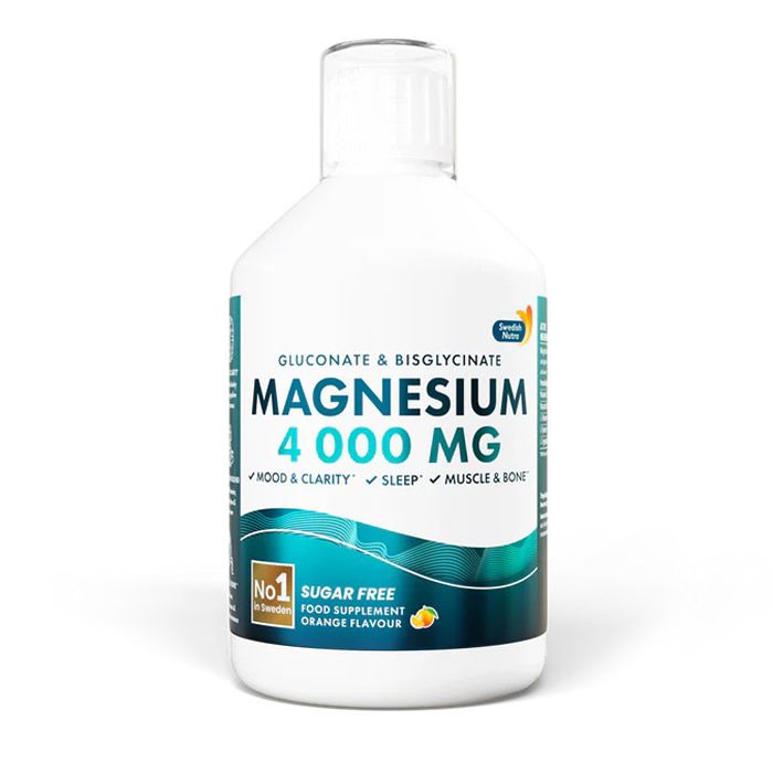 Weiße Flasche mit Magnesium 4000 mg, zuckerfrei, Orangengeschmack. "No. 1 in Sweden".