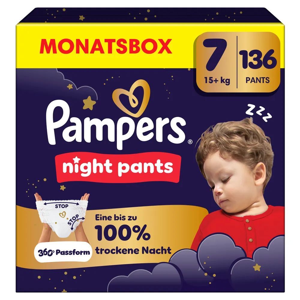 Pampers Night Pants, Monatsbox, Größe 7, 136 Pants, 15+ kg. 360° Passform für trockene Nächte.