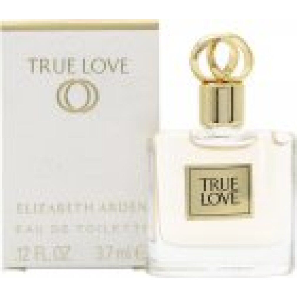 Parfümflakon und Verpackung. Aufschrift "TRUE LOVE". Goldfarbener Verschluss. Rechteckige Flasche mit goldfarbenem Etikett.