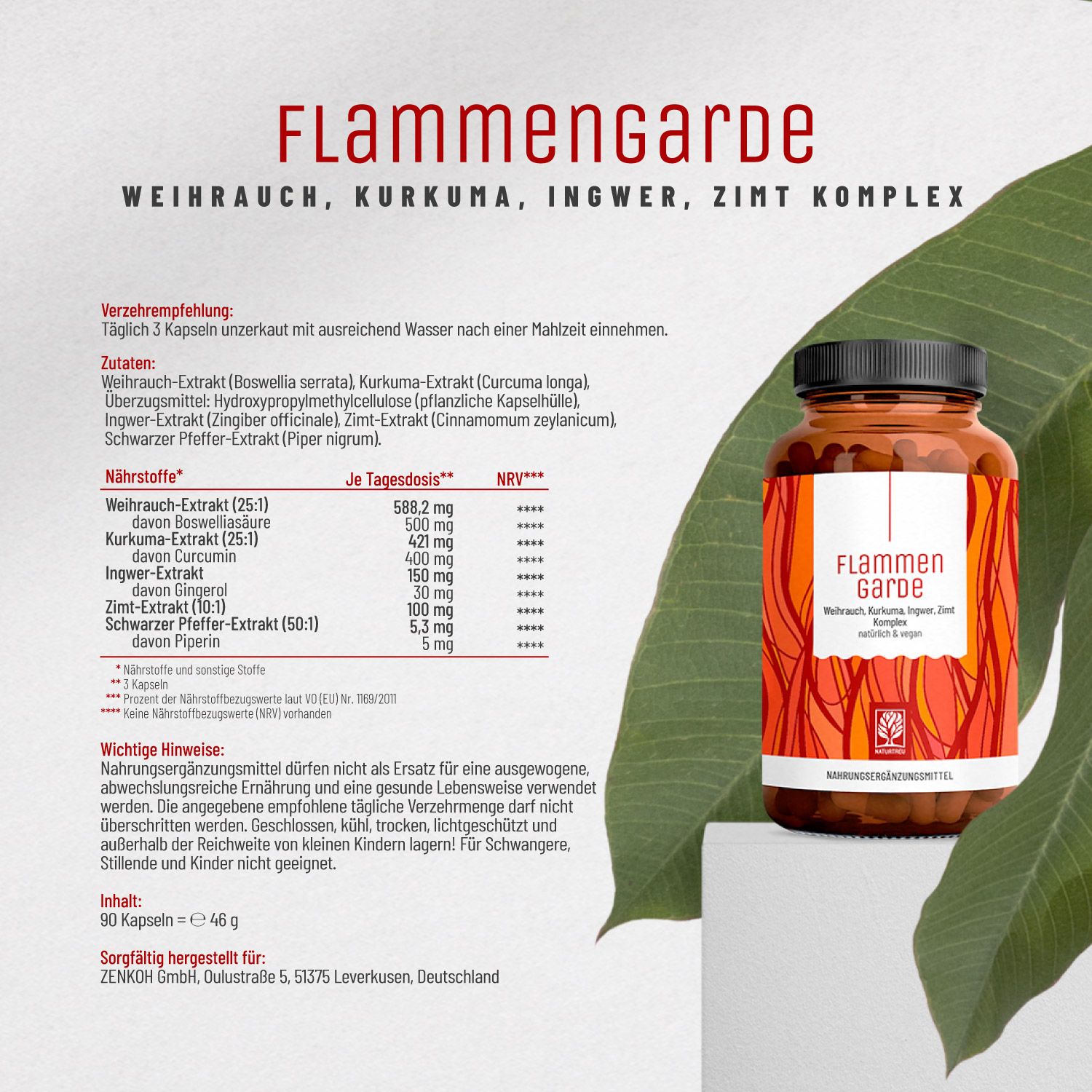 Flasche Flammengarde, Text: Weihrauch, Kurkuma, Ingwer, Zimt Komplex. Inhaltsstoffe, Dosierung, Hinweise. 90 Kapseln.