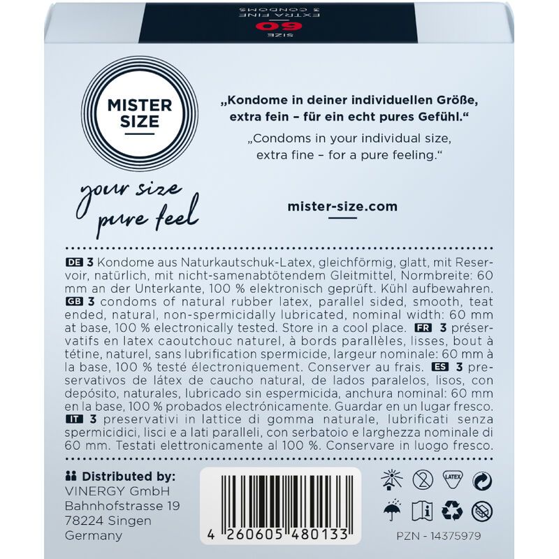 Kondom-Schachtel. Aufschrift: MISTER SIZE, 60, Extra Fine, 3 Kondome. CE-Kennzeichnung.
