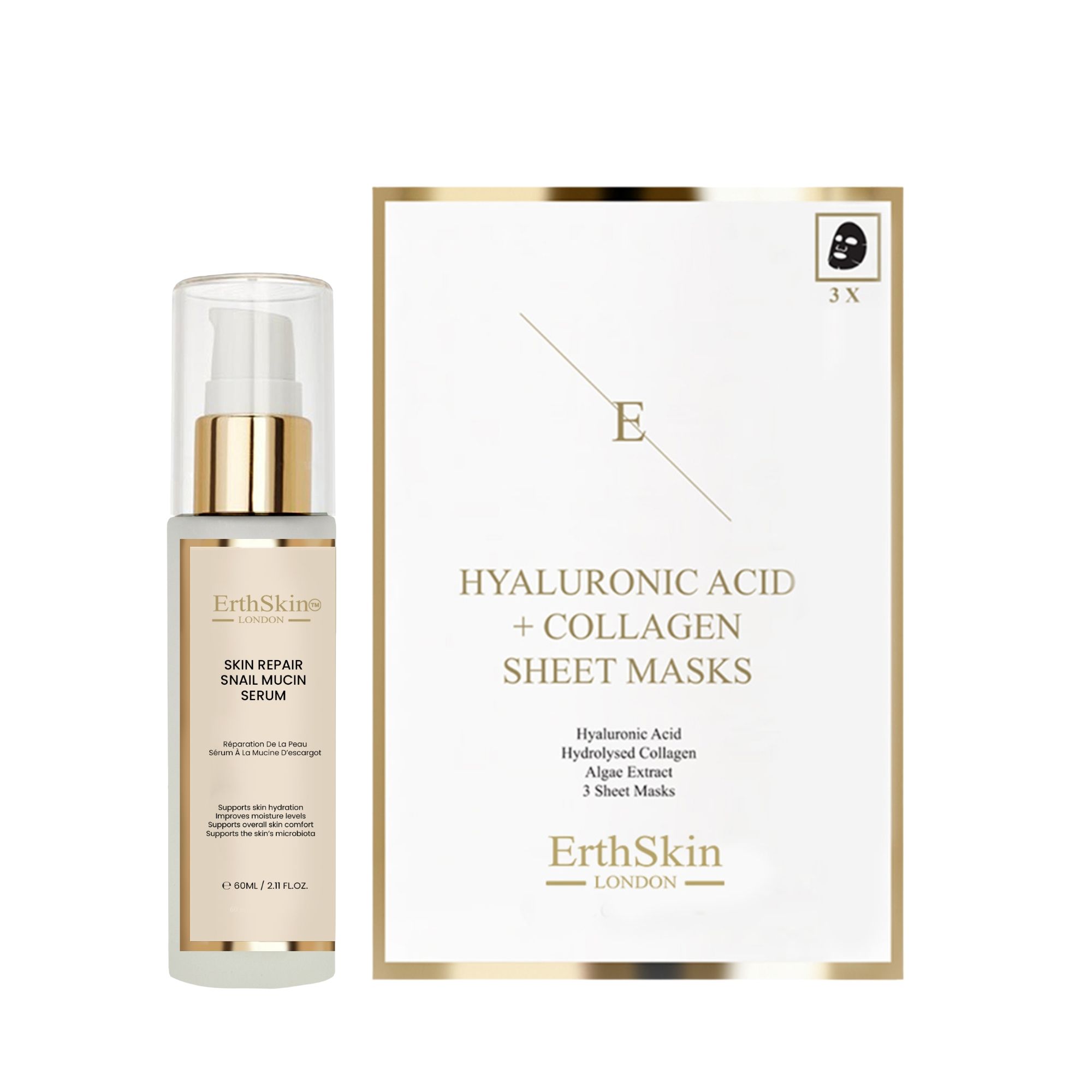 ErthSkin London Hautpflege-Set: Hautreparierendes Schneckenschleim-Serum und 3 Kollagen-Tuchmasken.