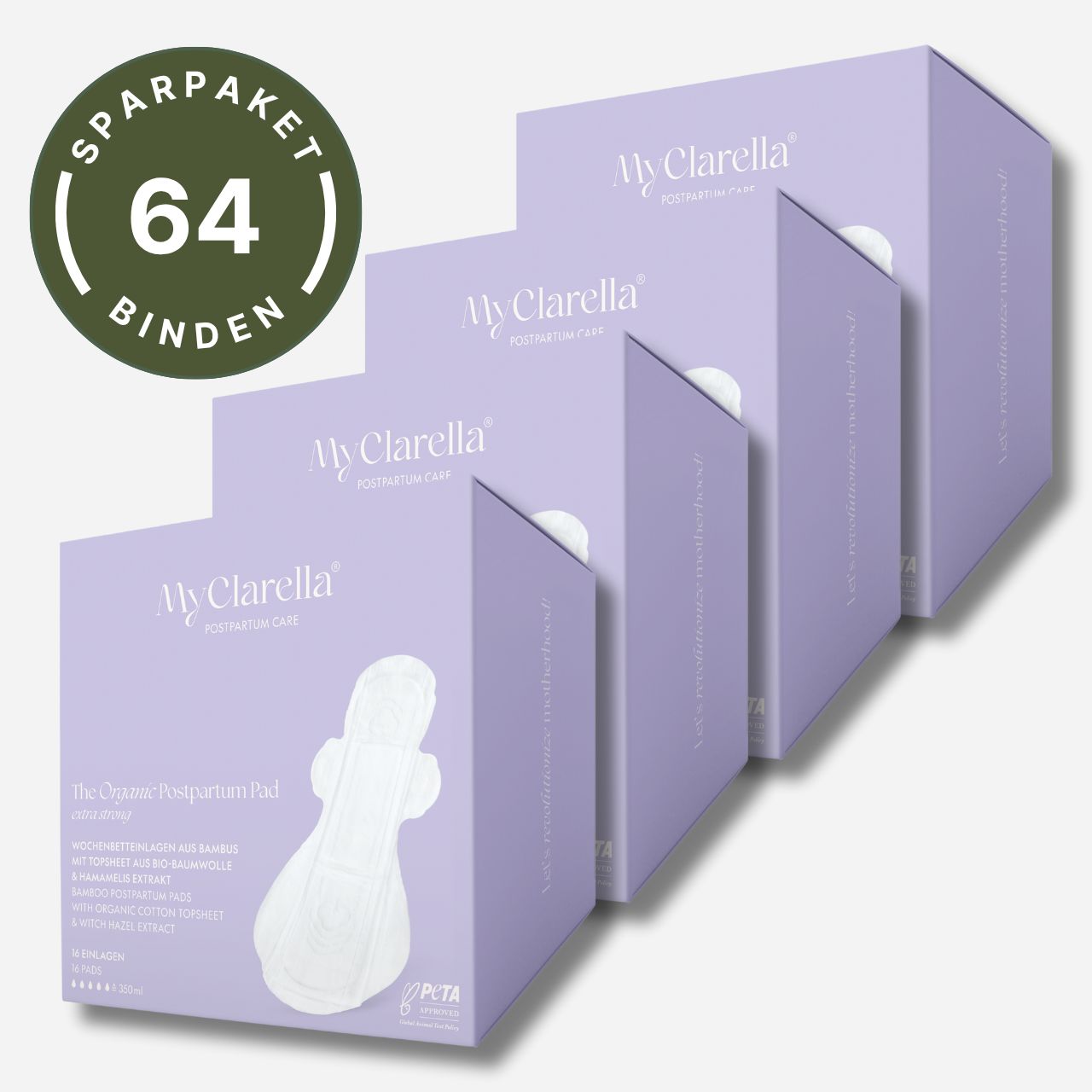 Sparpaket mit 64 Binden. Vier lilafarbene Kartons mit der Aufschrift "My Clarella". Auf einem Karton ist eine Binde abgebildet.
