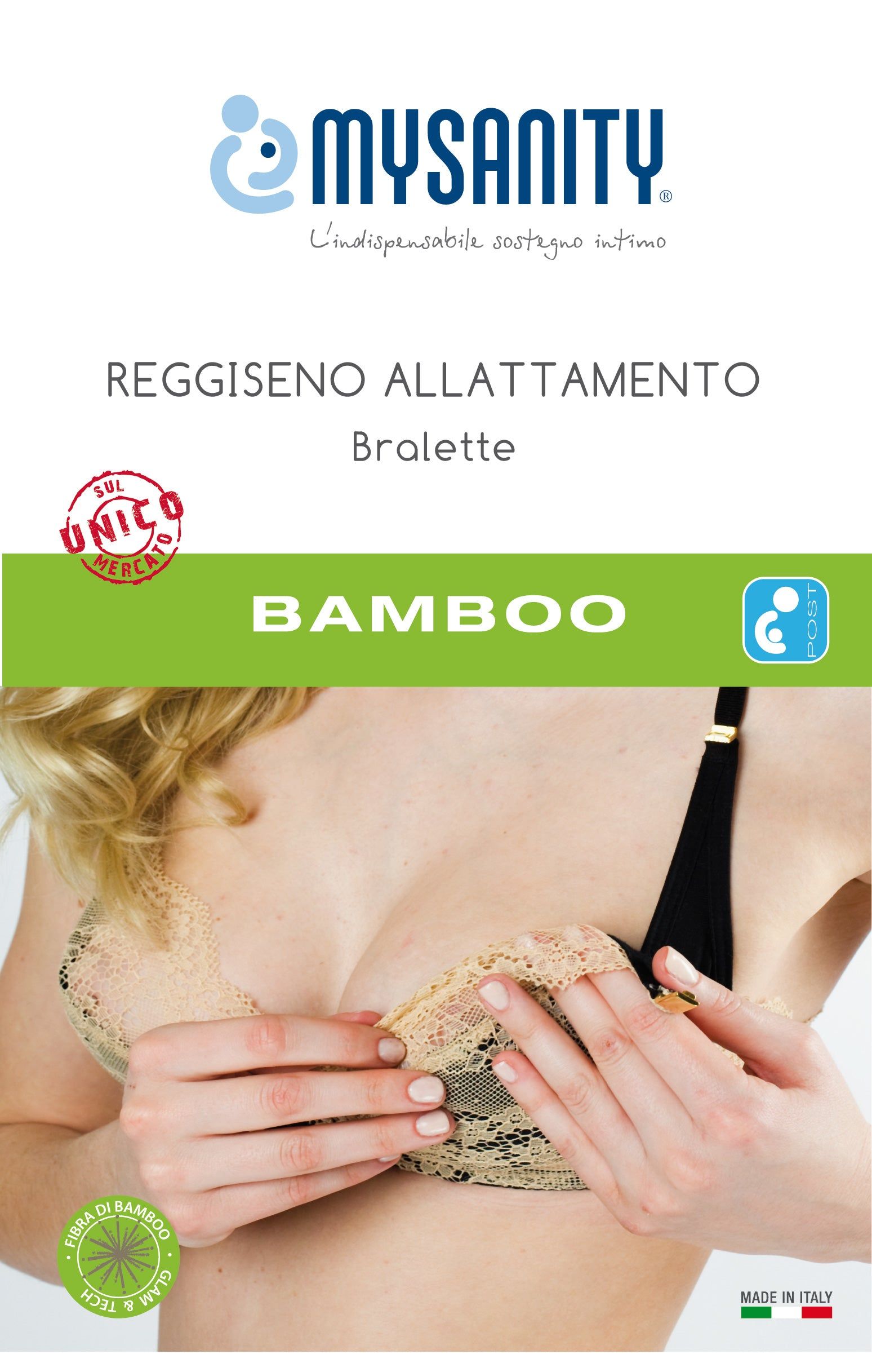Still-BH Bralette von MYSANITY. Beige Spitze, schwarze Träger. Produktverpackung mit Logo und Text. Bambus-Material.