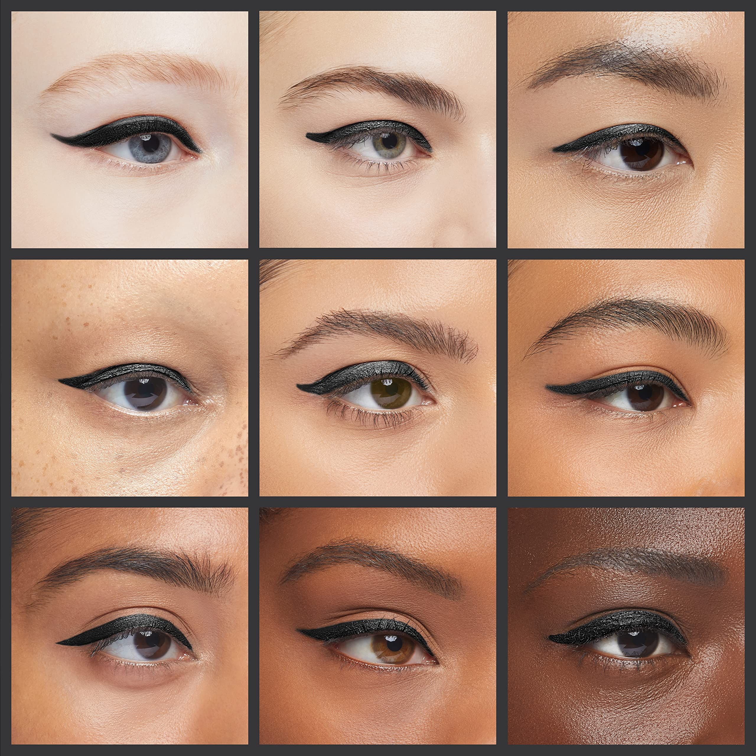 Neun Augen mit Eyeliner. Verschiedene Augen mit Eyeliner-Anwendungen. Verschiedene Hauttöne und Augenformen.