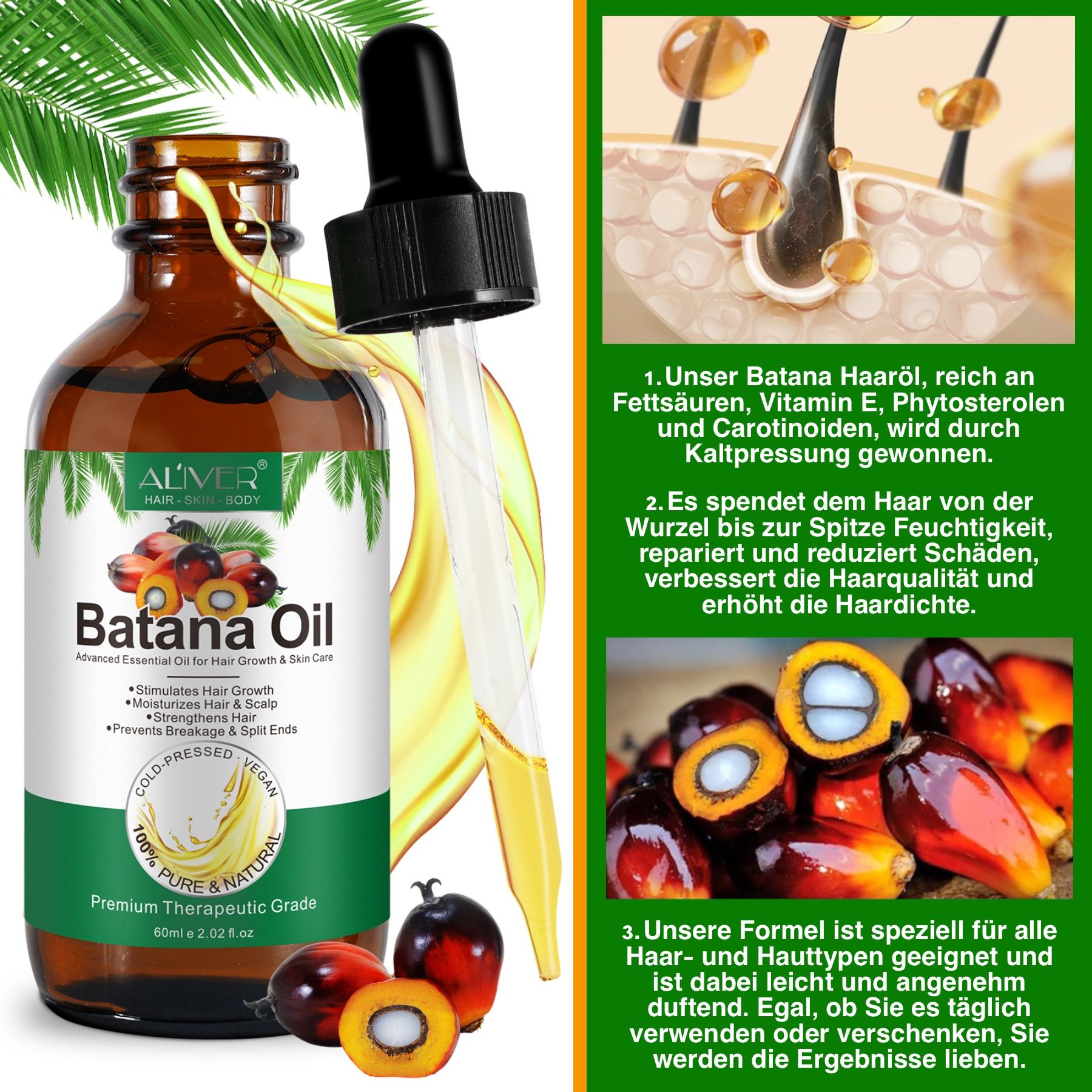 ALIVER Batana Öl Haaröl, Flasche mit Pipette, neben Früchten. Text: Enthält Fettsäuren, Vitamin E, Phytosterole und Carotinoide.
