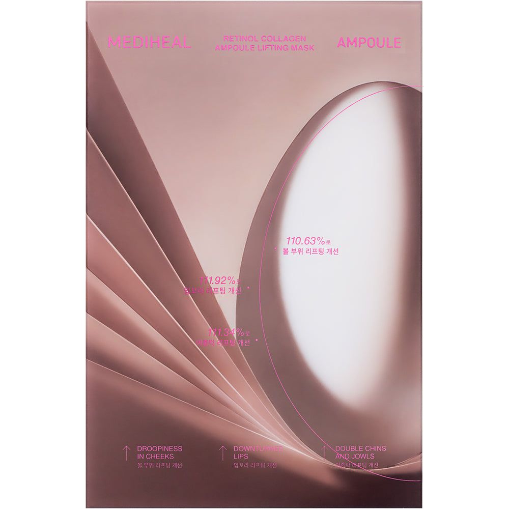 Verpackung mit Text: "MEDIHEAL Retinol Collagen Ampoule Lifting Mask". Rosa Farbgebung. Diagramme und Text.