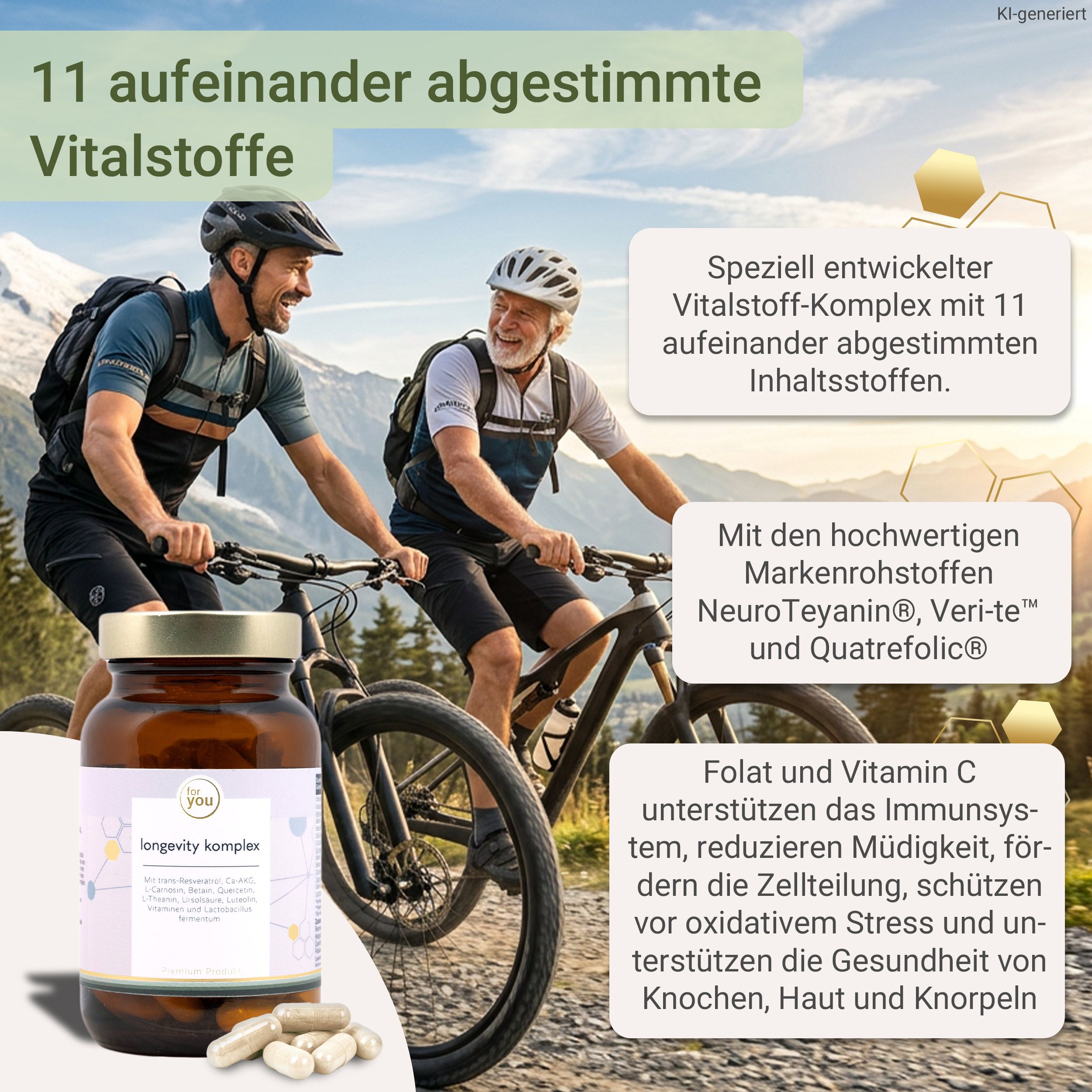 Zwei Männer auf Fahrrädern, eine Flasche Longevity Komplex im Vordergrund.