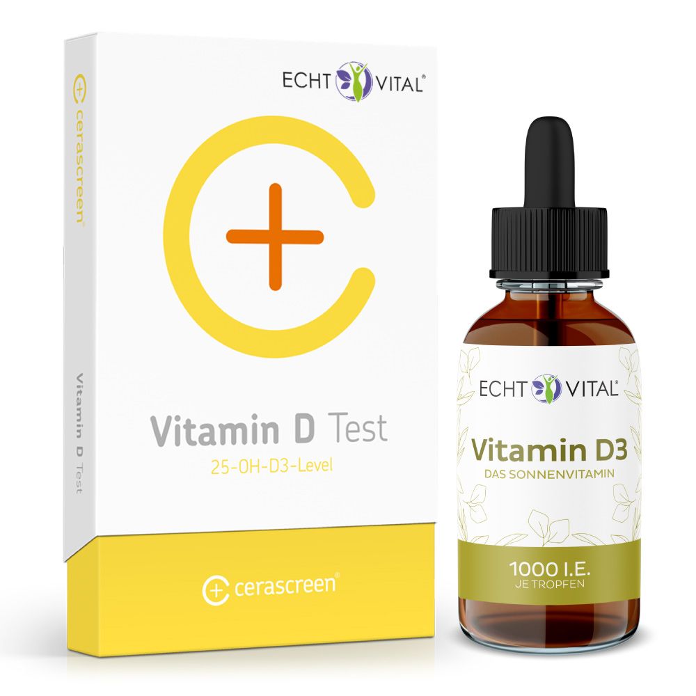 Echt Vital Vitamin D Test und Vitamin D3 Tropfen. Flasche mit Tropfer und Verpackung mit Logo und Text.