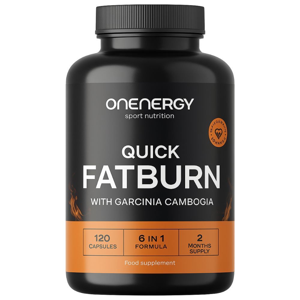 Schwarze Flasche mit "OnEnergy Quick FatBurn"-Etikett. Enthält 120 Kapseln, 6-in-1-Formel, 2-Monats-Vorrat. Orangefarbener Streifen.
