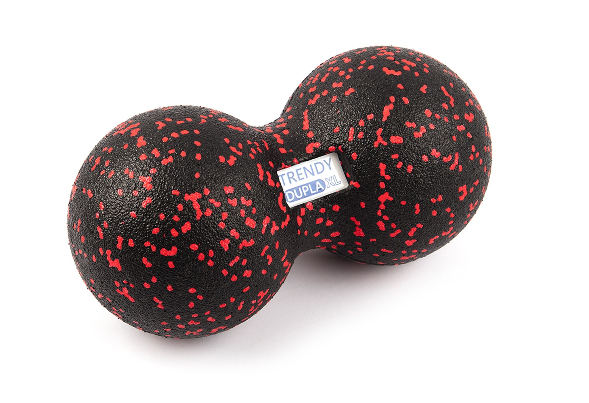 Schwarzer Faszienduoball mit roten Punkten. Das Produkt hat ein Etikett mit dem Namen.