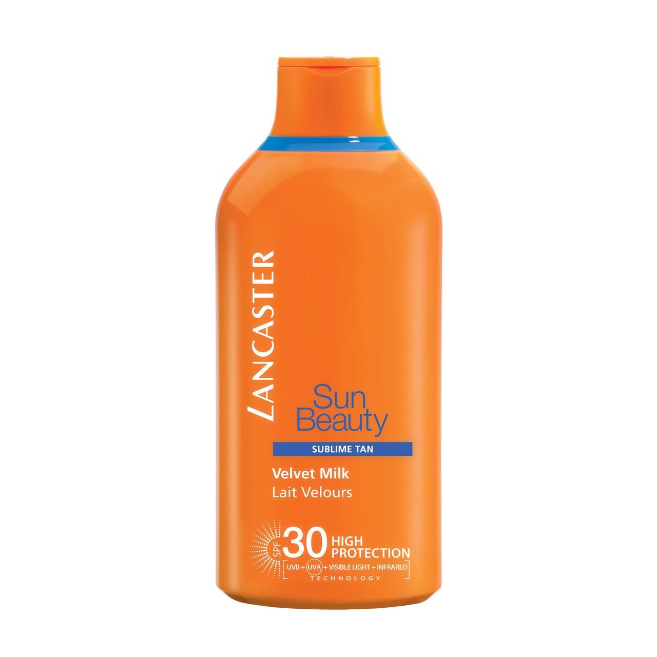 Orangefarbene Flasche mit blauer Linie. Text: Lancaster, Sun Beauty, Velvet Milk, SPF 30.
