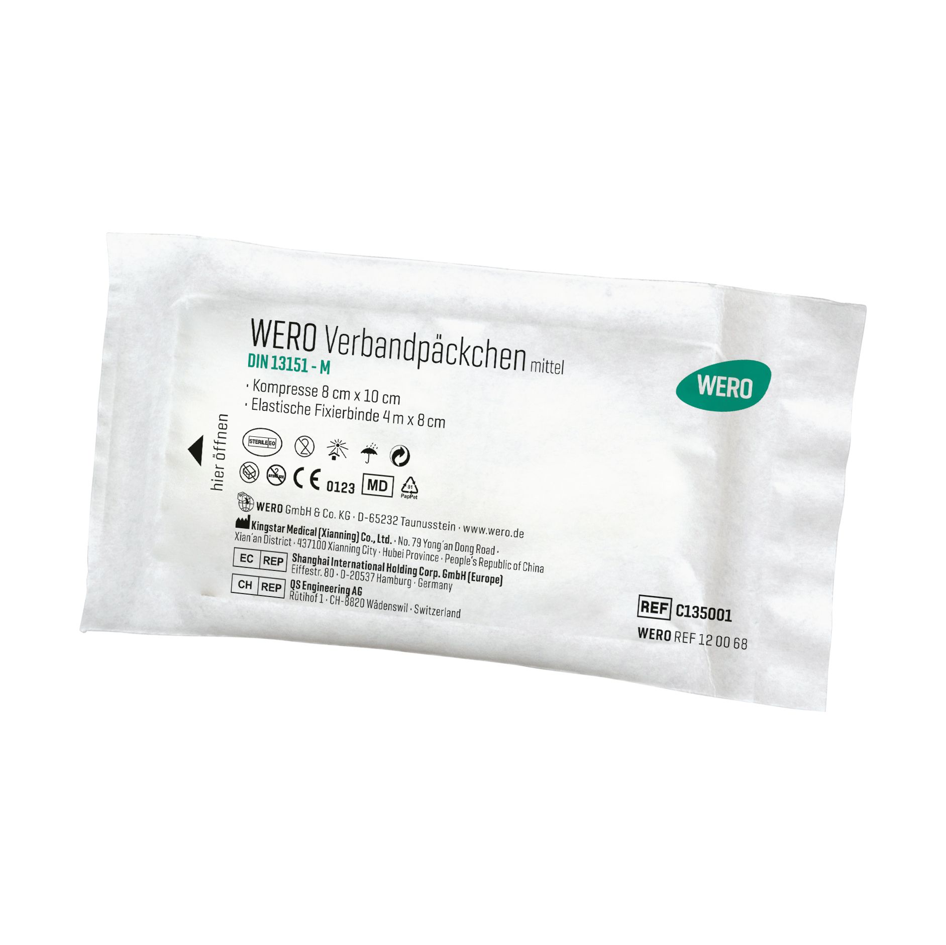 Verbandpäckchen in weißer Verpackung. Text: WERO Verbandpäckchen DIN 13151-M, Kompresse 8 cm x 10 cm, elastische Fixierbinde 4 cm x 8 cm. CE-Kennzeichnung.