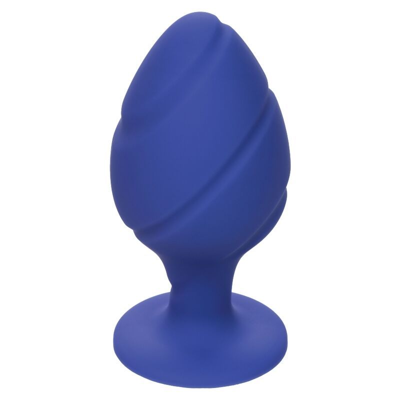 Blauer Analplug mit geriffelter Oberfläche und Basis.