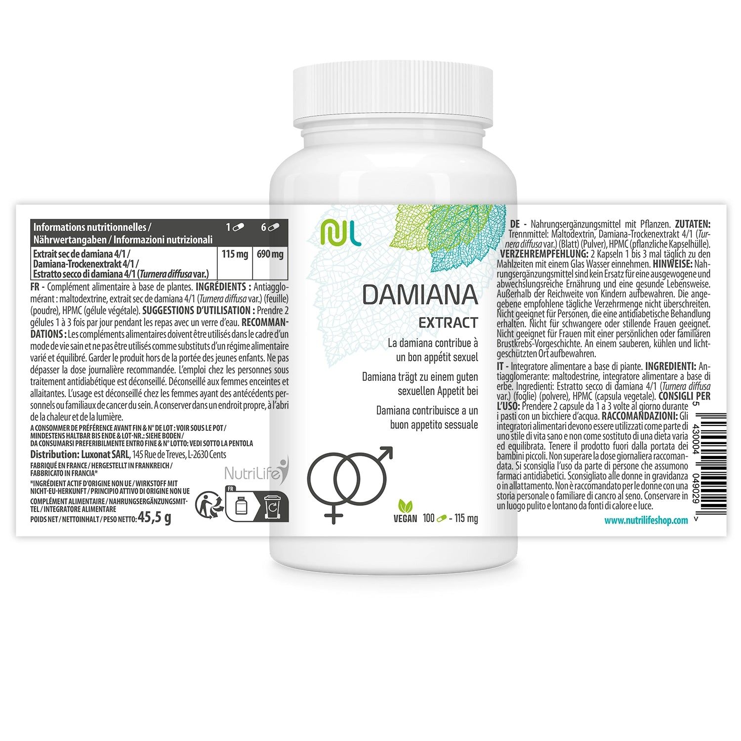 Weiße Flasche mit Kapseln. Aufschrift: DAMIANA EXTRACT. Vegan-Logo. Text in Deutsch und Französisch. Logo mit Frau und Mann. Beipackzettel.