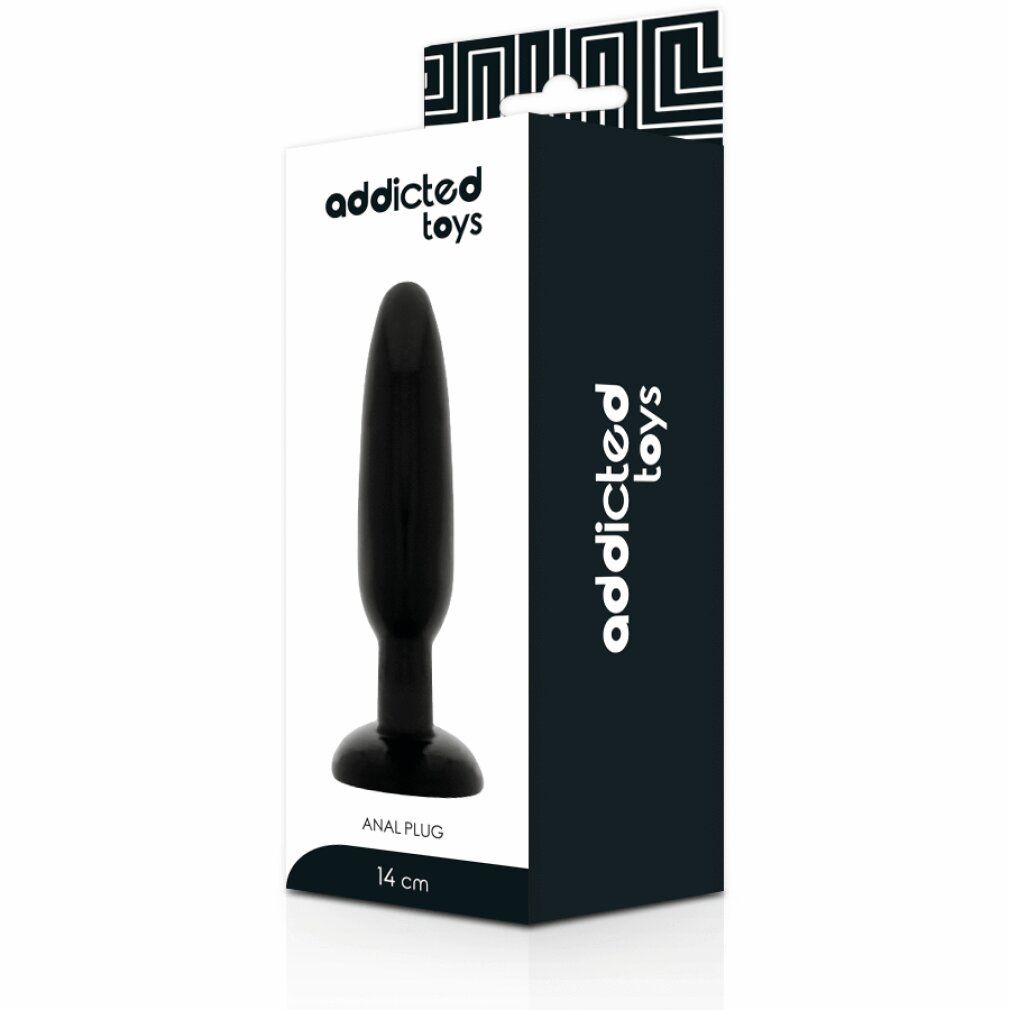 Verpackung mit schwarzem Analplug. Marke Addicted Toys. Produktname: Anal Plug. Größe: 14 cm.