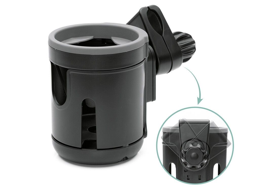 Schwarzer Flaschenhalter mit grauem Rand und Befestigungsklemme. Kunststoff. Detailansicht der Klemme.