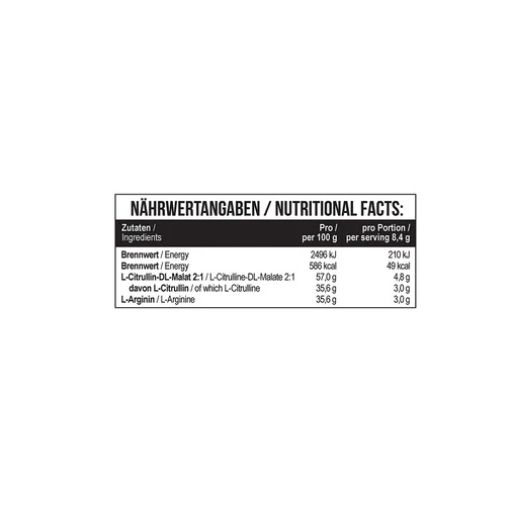 Nährwertangaben auf weißem Hintergrund. Enthält Informationen zu Brennwert, Energie, L-Citrullin und L-Arginin.