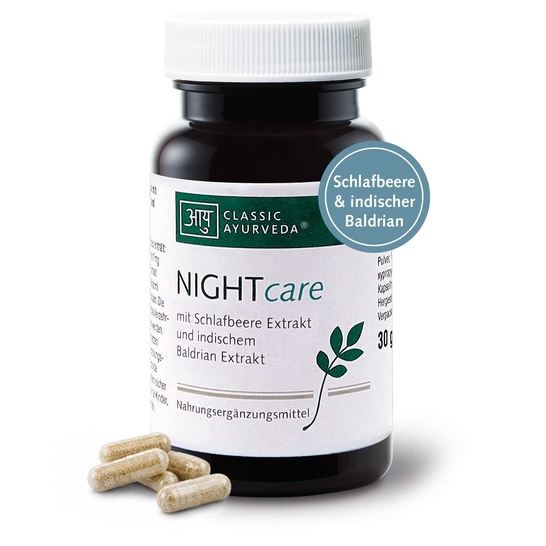 Flasche Classic Ayurveda NIGHTcare Nahrungsergänzungsmittel mit Baldrian und Schlafbeere, 30g.