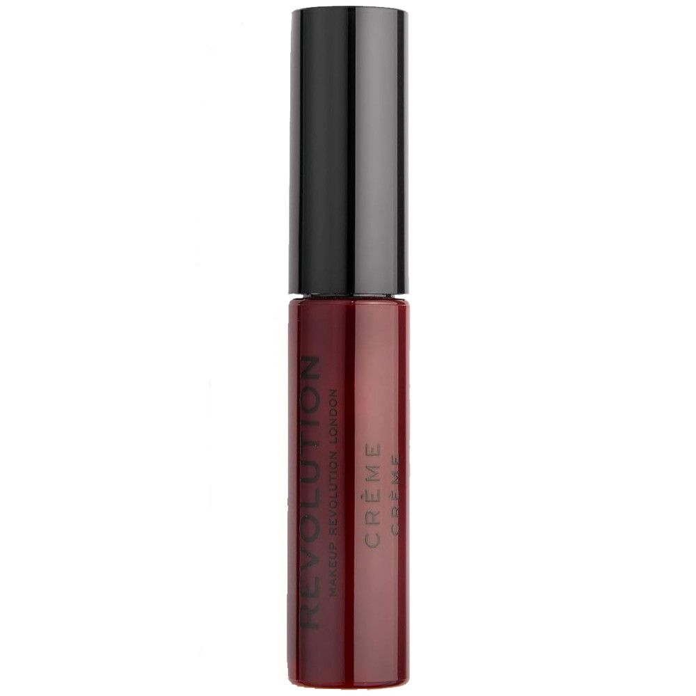 Geschlossene Flasche dunkelroten Creme-Lippenstifts. Schwarzer Deckel, Aufschrift: CRÈME, Makeup Revolution London.