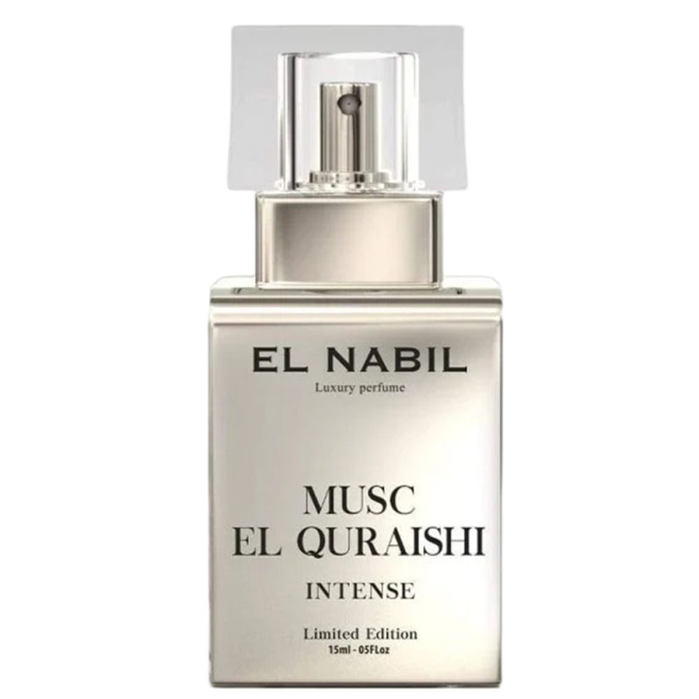 Parfümflakon mit silberfarbenem Gehäuse und transparentem Deckel. Aufschrift: EL NABIL, MUSC EL QURAISHI, INTENSE, Limited Edition.