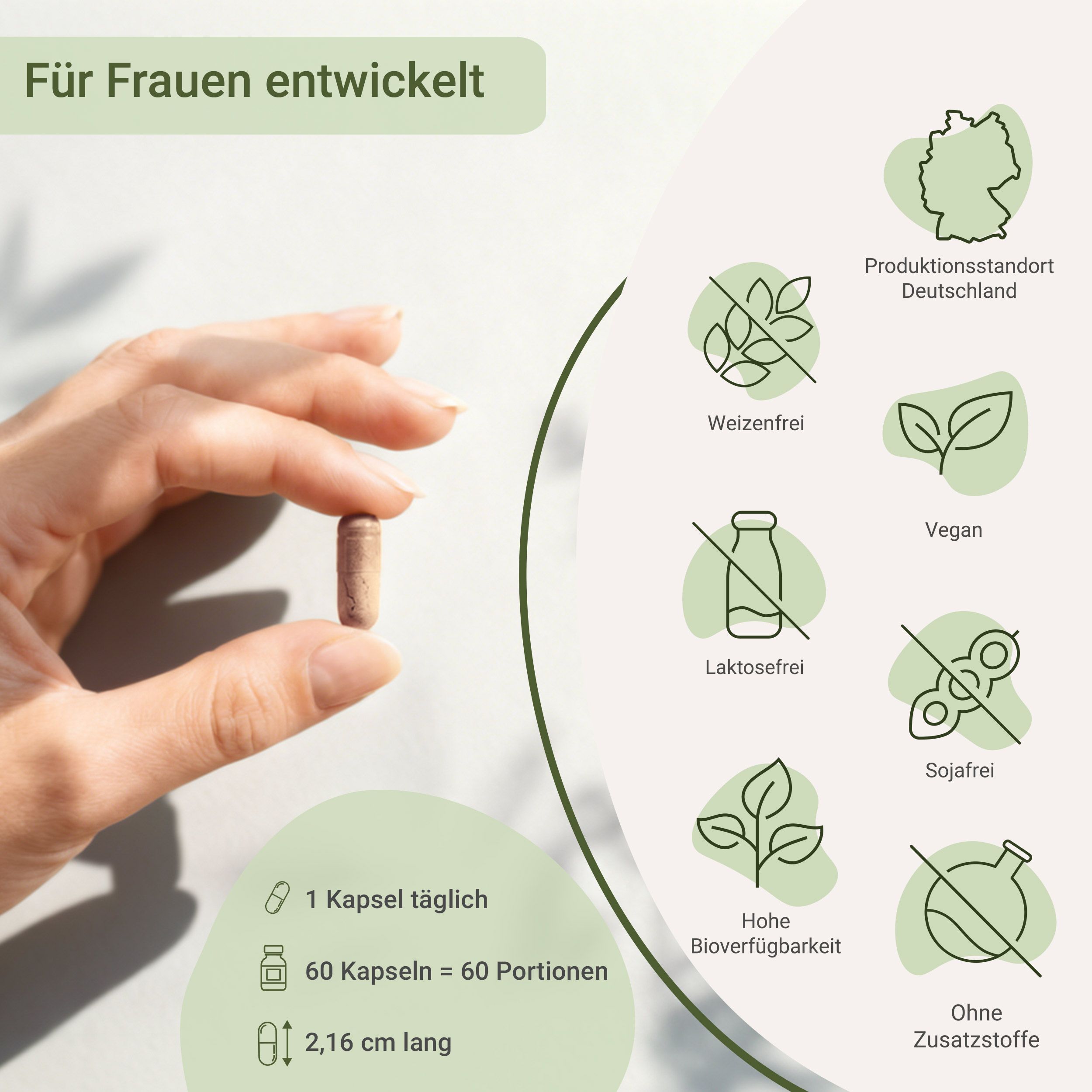 Eine Hand hält eine Kapsel. Links daneben: 1 Kapsel täglich, 60 Kapseln = 60 Portionen, 2,16 cm lang. Rechts: Siegel für Deutschland, weizenfrei, vegan, laktosefrei, sojafrei, hohe Bioverfügbarkeit, ohne Zusatzstoffe.