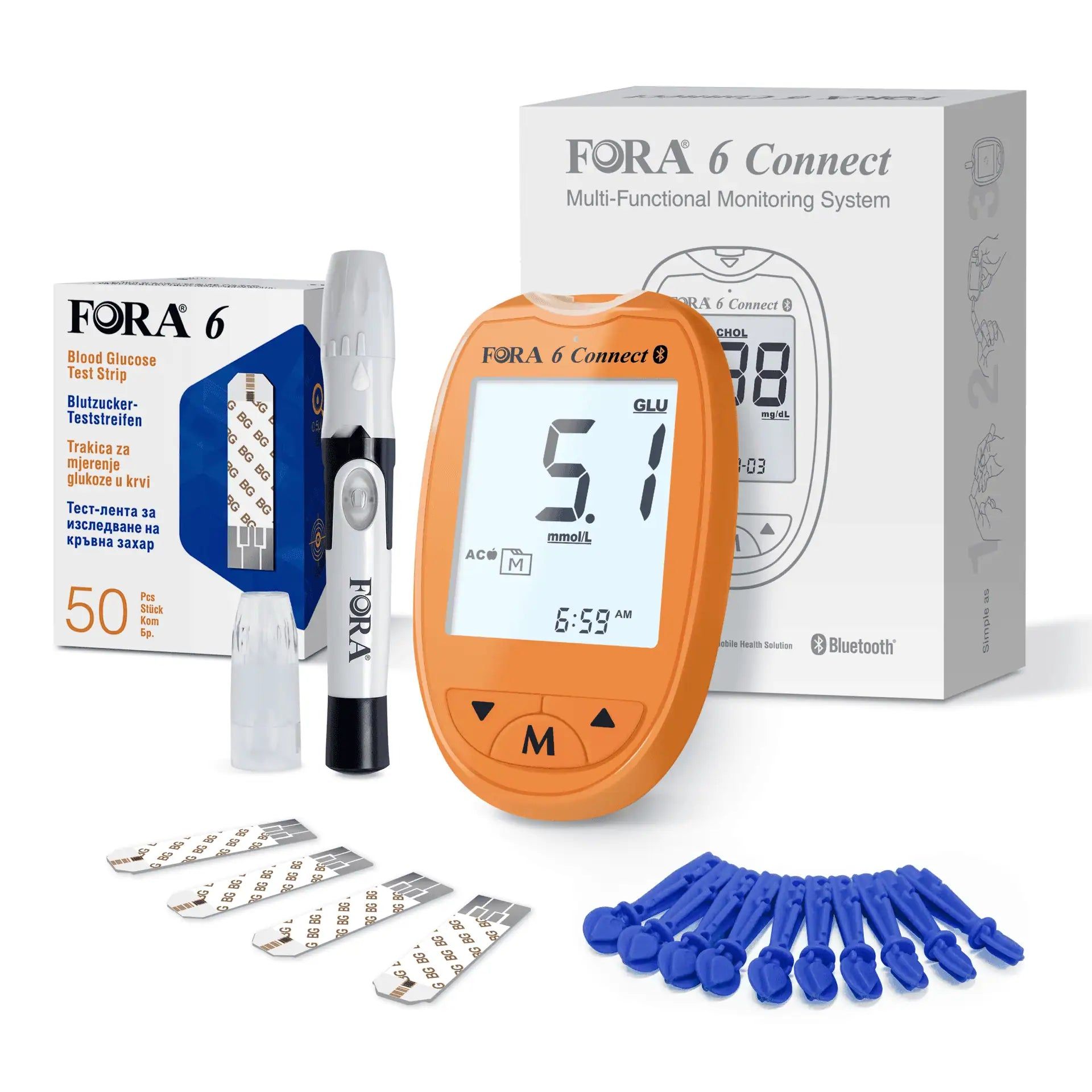 FORA 6 Connect Blutzuckermessgerät-Set mit Messgerät, Lanzetten, Teststreifen und Stechhilfe in Orange.