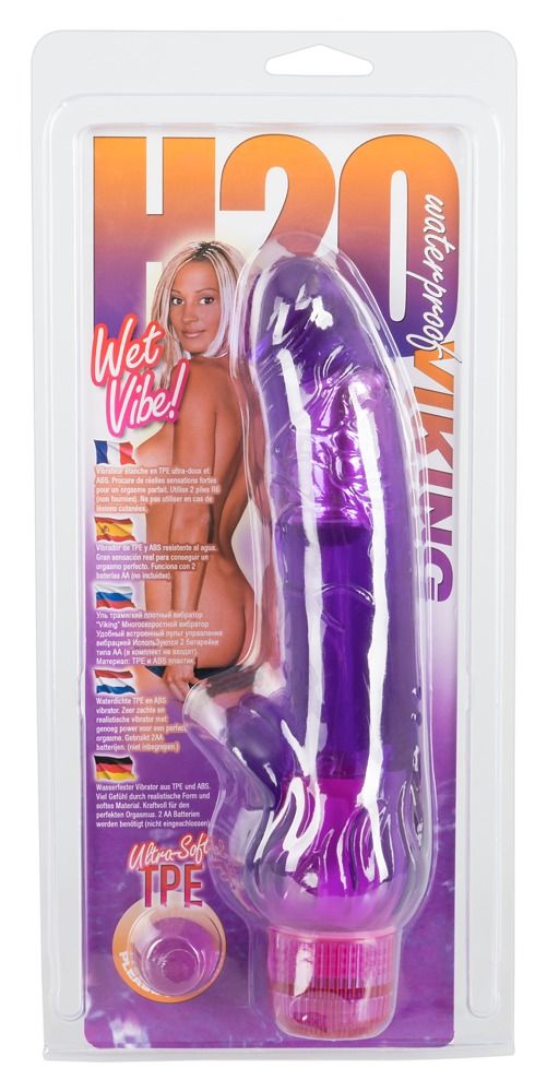 Verpackung eines lila Vibrators. Klare Blisterverpackung mit Produkt und Model.