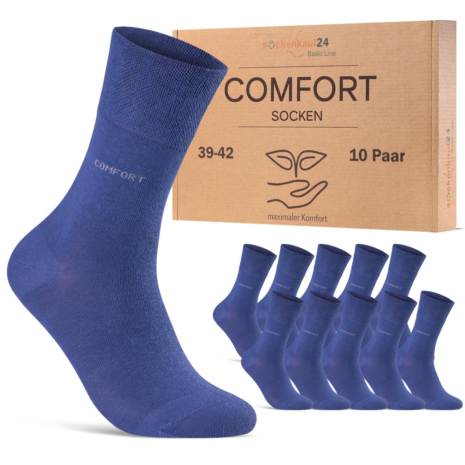 Blaue Socken mit Komfortbund, Größe 39-42, 10 Paar. Aufschrift "COMFORT". Verpackung mit Logo und Produktinformationen.