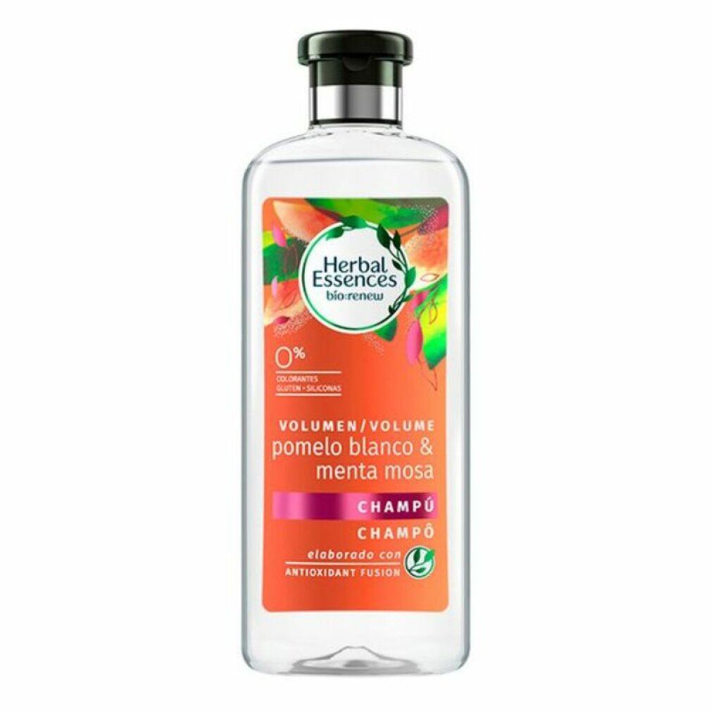 Transparente Shampoo-Flasche mit schwarzem Deckel. Etikett mit Produktnamen, Inhaltsstoffen und Logo. Volumen/Pomelo Blanco & Menta Mosa.