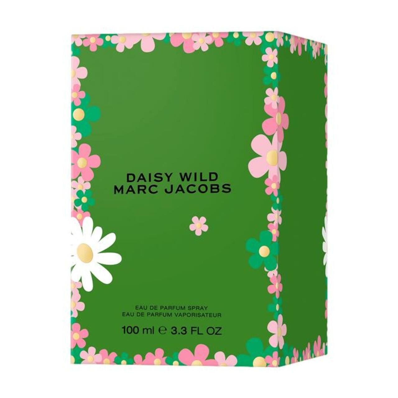 Grüne Verpackung mit Blumenmuster. Schriftzug: Daisy Wild Marc Jacobs. Text: Eau de Parfum Spray, 100 ml e 3.3 FL OZ.