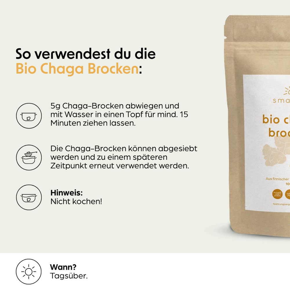 Anleitung zur Verwendung von Bio Chaga Brocken. Text: 5g Chaga-Brocken abwiegen und mit Wasser ziehen lassen. Nicht kochen!