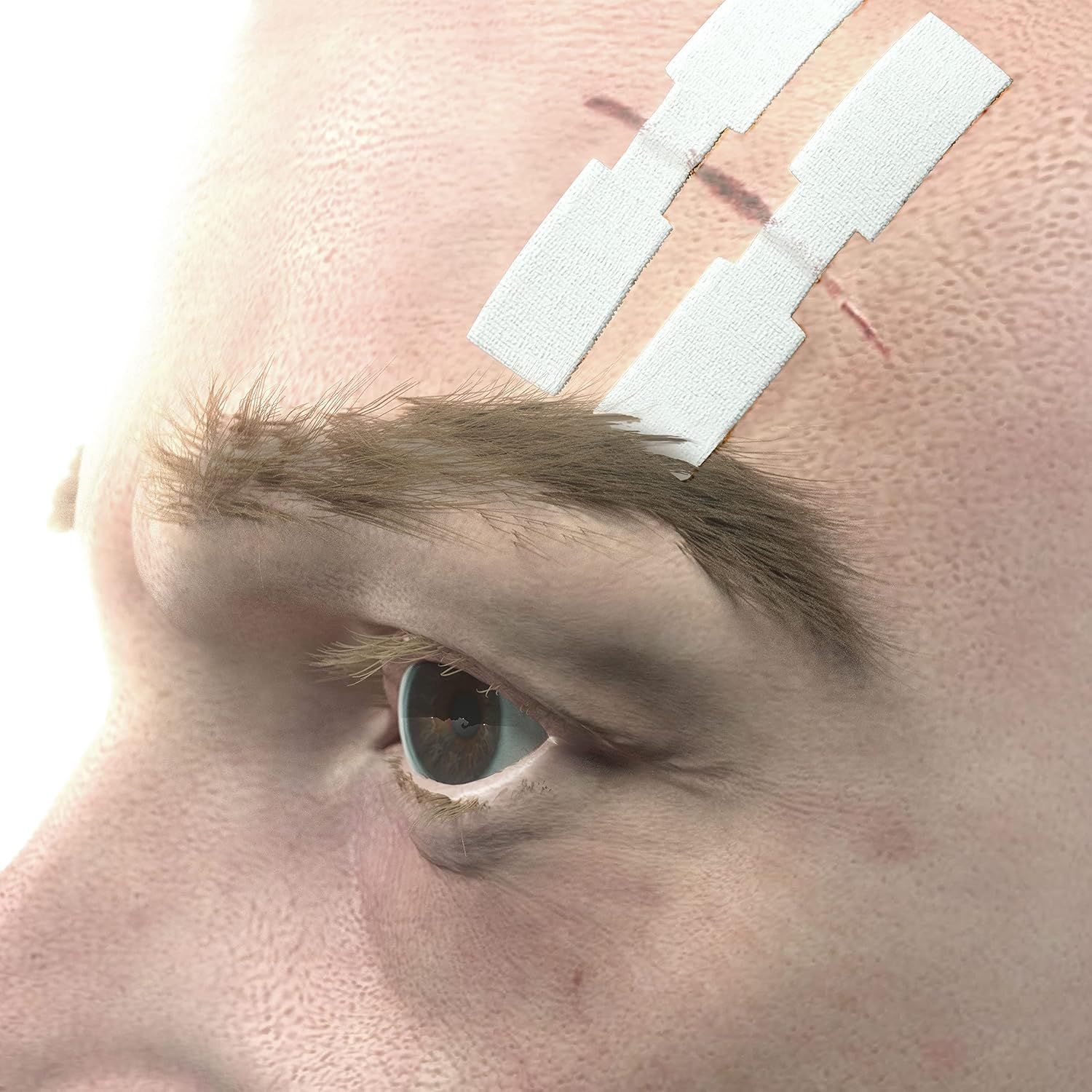 Nahaufnahme einer Stirn mit zwei Cutiderm Schmetterlingsnahtstreifen zur Wundversorgung.