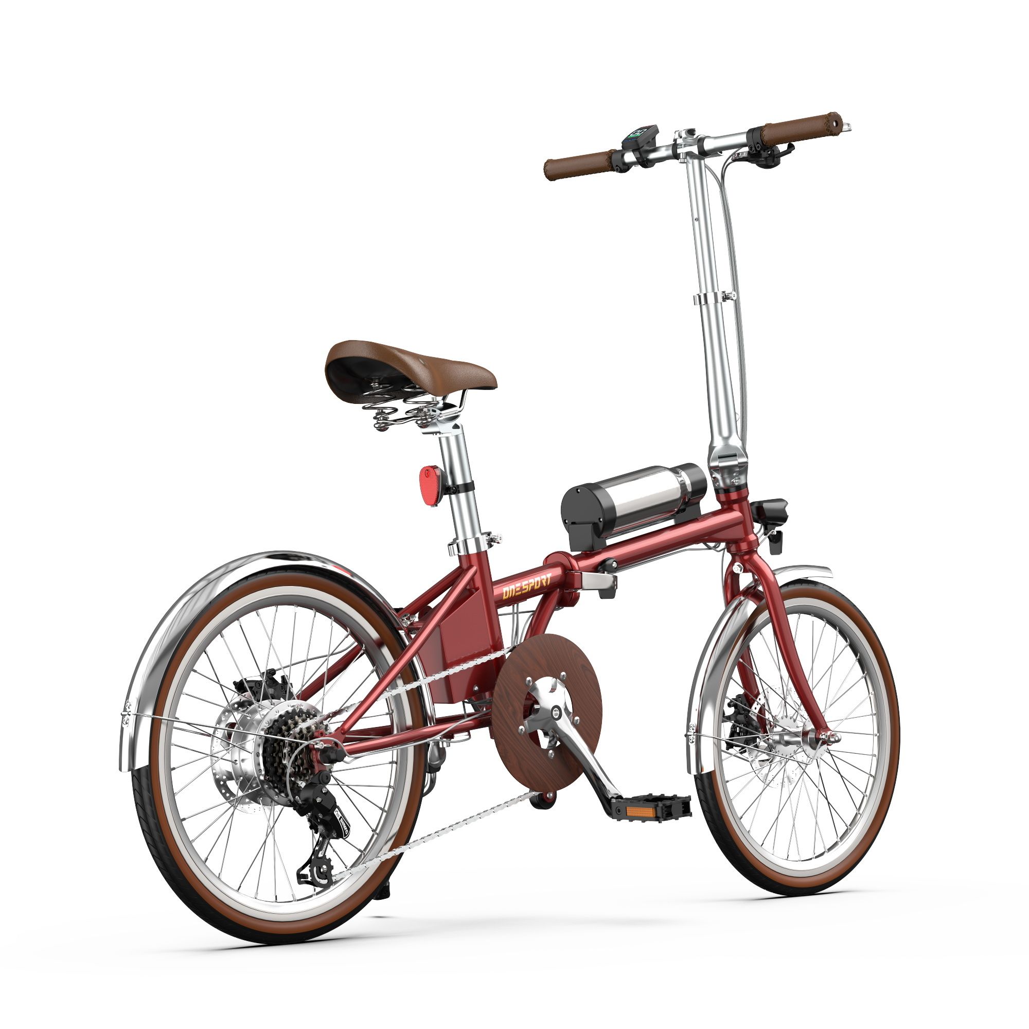 Rotes, faltbares E-Bike. 20-Zoll-Räder, braune Reifen und Sattel. Silberne Schutzbleche. Akku am Rahmen.