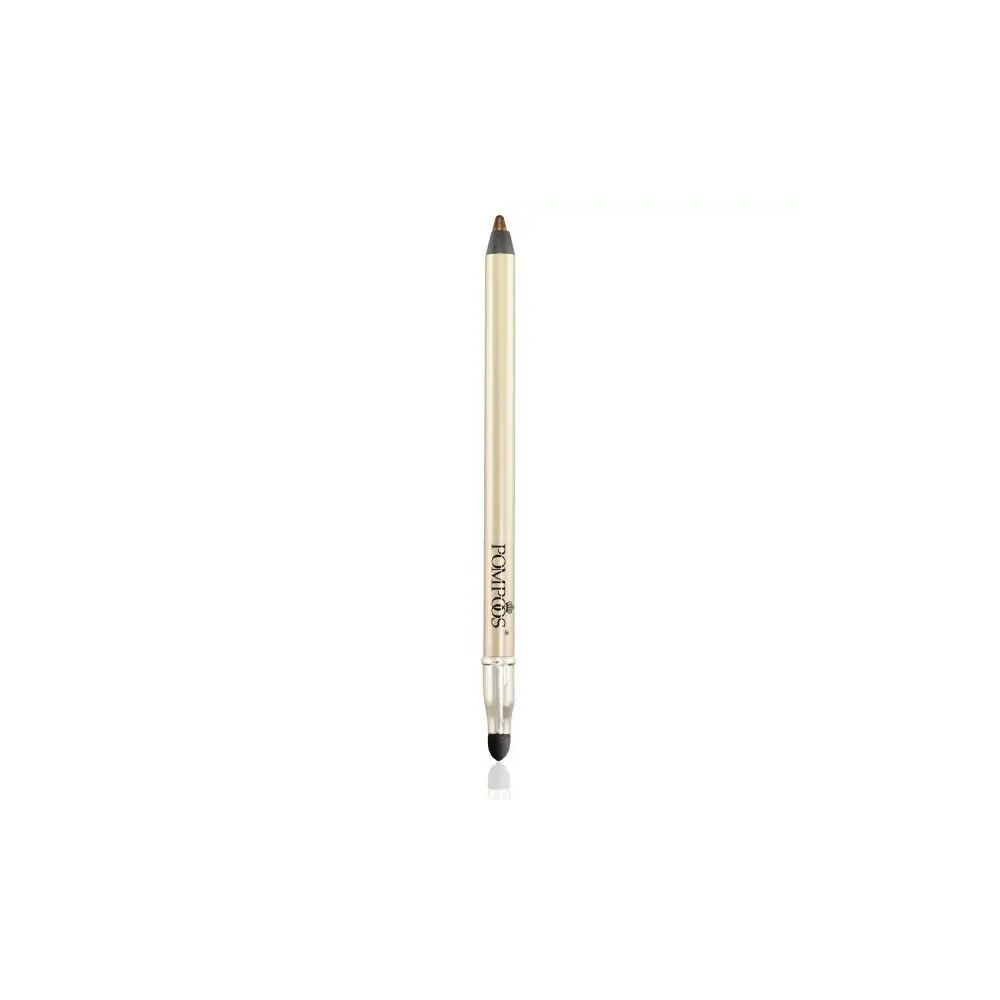 Goldfarbener Augen-Make-up-Stift mit schwarzem Applikator. Aufschrift: Pompöös.